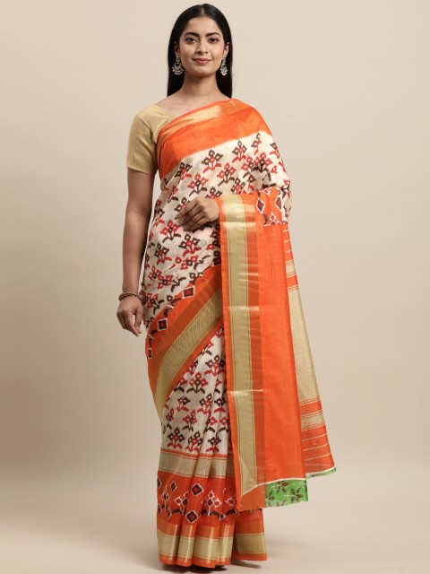 

KALINI Cream-Coloured & Orange Zardozi Silk Cotton Saree
