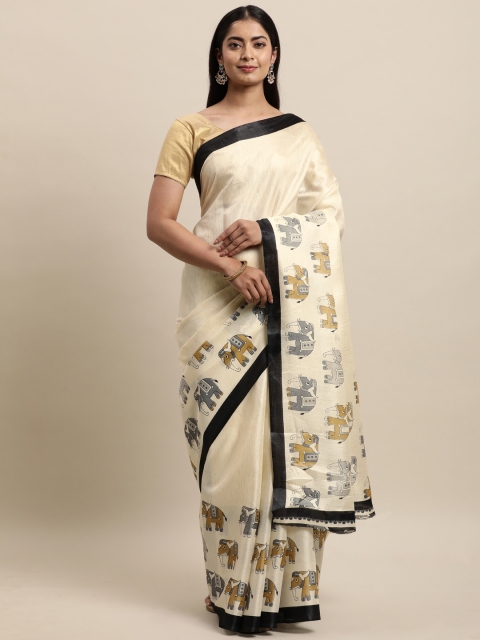 

KALINI Cream-Coloured & Black Woven Design Zardozi Silk Blend Khadi Saree