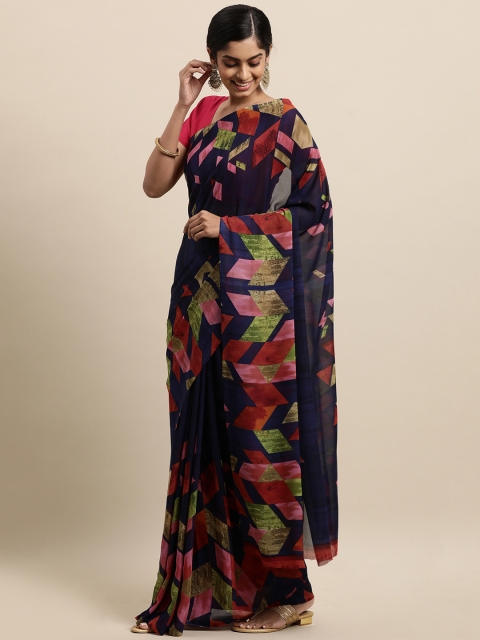 

KALINI Navy Blue & Red Zardozi Georgette Printed Saree