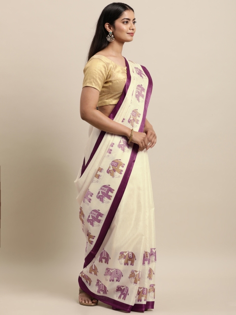 

KALINI Cream-Coloured & Purple Woven Design Zardozi Silk Blend Khadi Saree