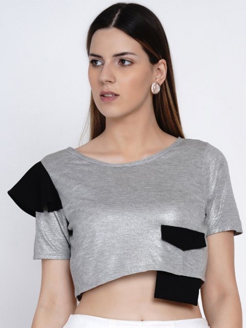 

Samshek Women Grey & Black Applique Regular Crop Top
