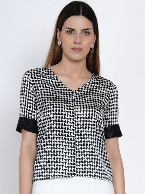 

Samshek Women Black & White Checked Satin Regular Top