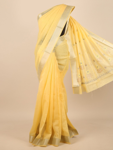 

Pothys Women Yellow & Silver-Toned Cotton Blend Embroidered Saree