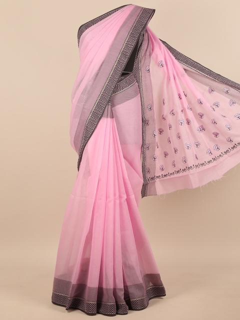 

Pothys Women Pink & Black Cotton Blend Embroidered Saree