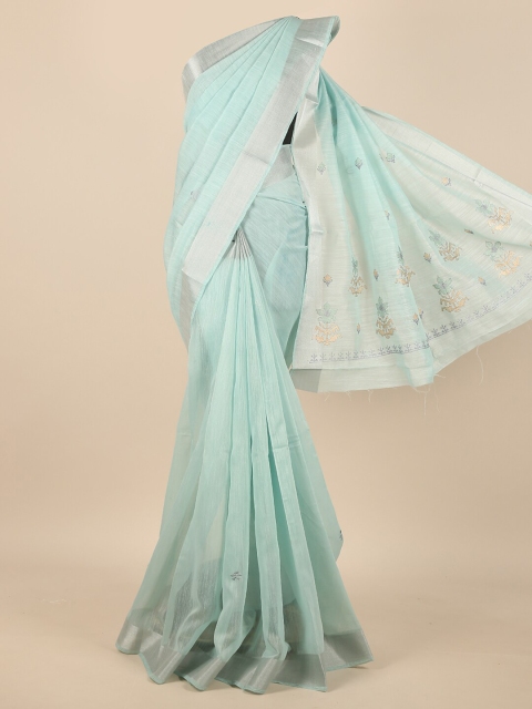 

Pothys Women Blue & Silver-Toned Cotton Blend Embroidered Saree
