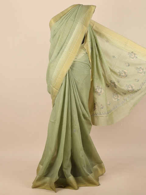 

Pothys Women Green & Silver-Toned Cotton Blend Embroidered Saree