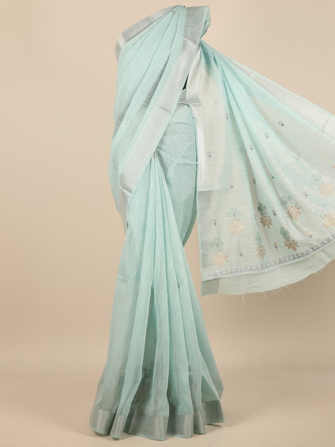 

Pothys Women Blue & Silver-Toned Cotton Blend Embroidered Saree