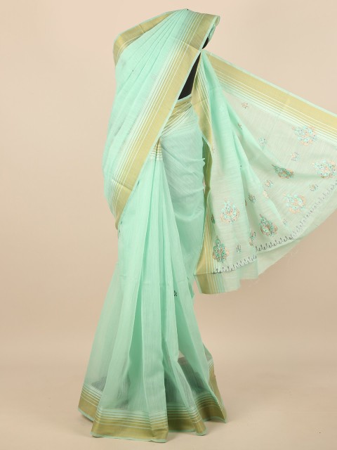 

Pothys Women Green & Gold-Toned Cotton Blend Embroidered Saree
