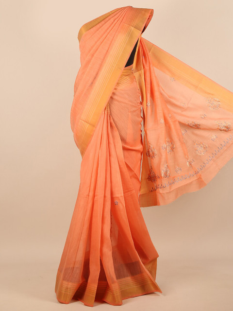 

Pothys Women Orange & Gold-Toned Cotton Blend Embroidered Saree