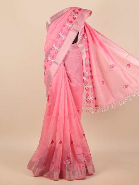 

Pothys Women Pink & Silver-Toned Cotton Blend Embroidered Saree