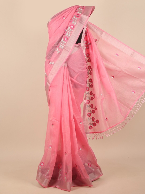 

Pothys Women Pink & Silver-Toned Cotton Blend Embroidered Saree