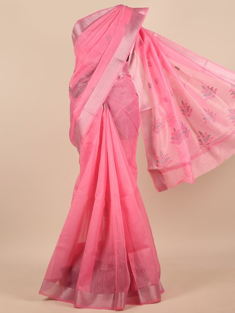 

Pothys Women Pink & Silver-Toned Cotton Blend Embroidered Saree