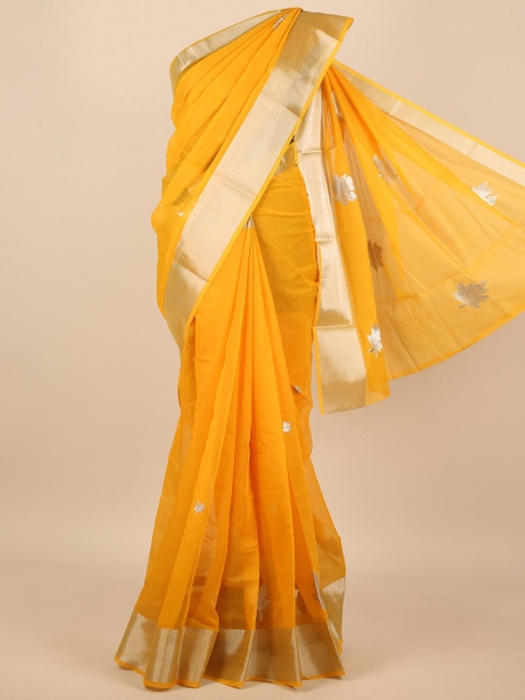

Pothys Women Yellow & Silver-Toned Cotton Blend Embroidered Saree