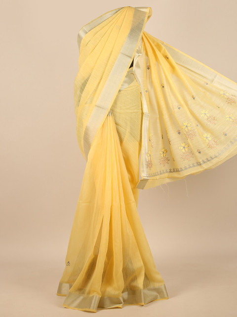 

Pothys Women Yellow & Silver-Toned Cotton Blend Embroidered Saree