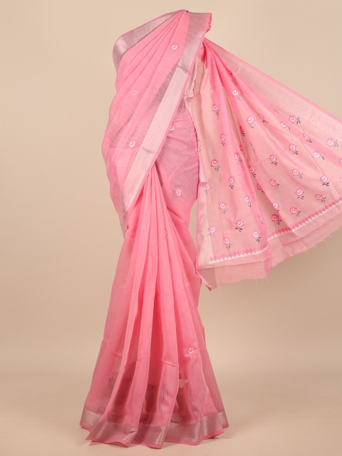 

Pothys Women Pink & Silver-Toned Cotton Blend Embroidered Saree