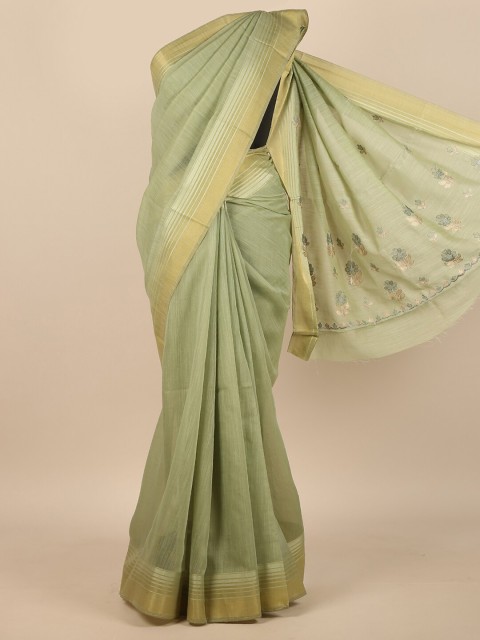 

Pothys Women Green & Gold-Toned Cotton Blend Embroidered Saree