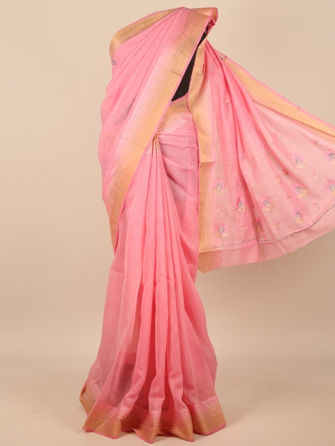 

Pothys Women Pink & Gold-Toned Cotton Blend Embroidered Saree