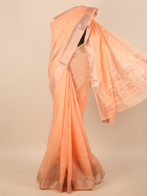

Pothys Women Peach-Colored & Silver-Toned Cotton Blend Embroidered Saree