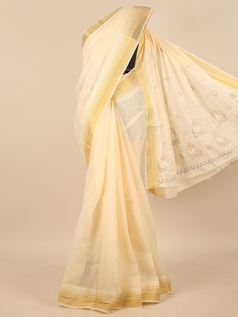 

Pothys Women Cream-Coloured & Gold-Toned Cotton Blend Embroidered Saree