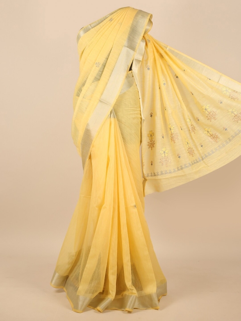 

Pothys Women Yellow & Silver-Toned Cotton Blend Embroidered Saree