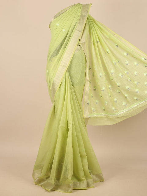 

Pothys Women Green & Silver-Toned Cotton Blend Embroidered Saree