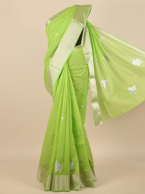 

Pothys Green & Silver-Toned Floral Embroidered Zari Saree