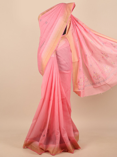 

Pothys Pink & Gold-Toned Floral Embroidered Zari Saree