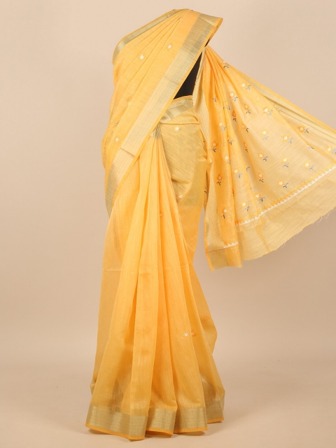 

Pothys Yellow & Gold-Toned Floral Embroidered Zari Saree
