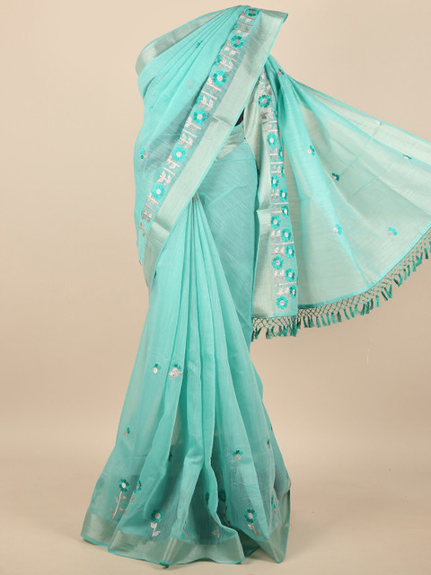 

Pothys Blue & Silver-Toned Floral Embroidered Zari Saree