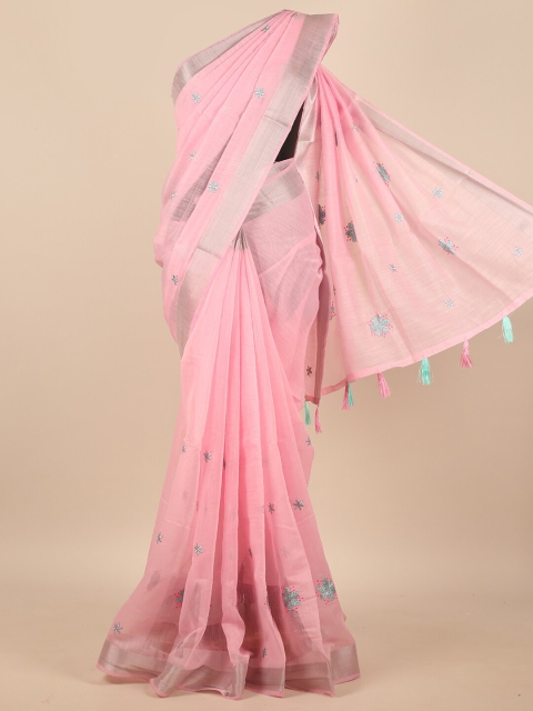 

Pothys Pink & Gold-Toned Floral Embroidered Zari Saree
