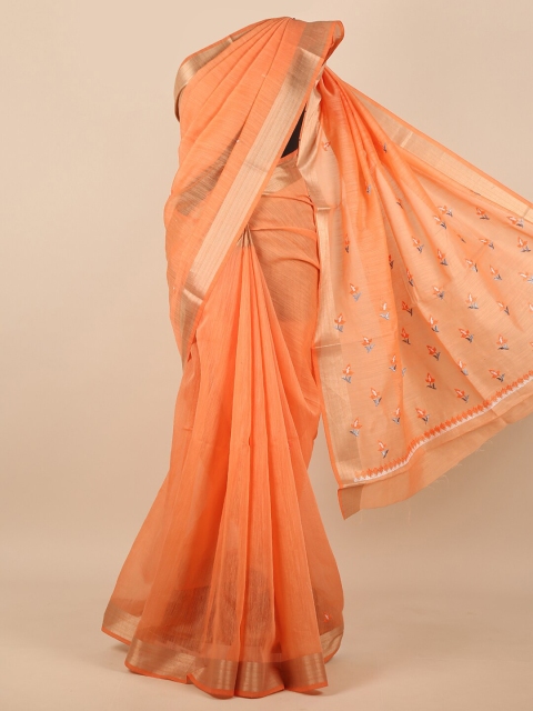 

Pothys Orange & Gold-Toned Floral Embroidered Zari Saree