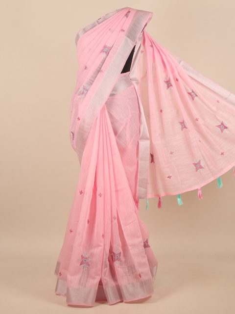 

Pothys Pink & Silver-Toned Floral Embroidered Zari Saree