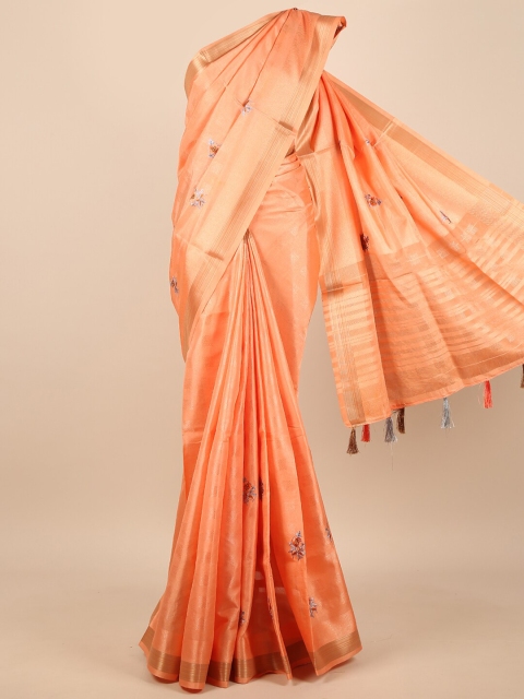 

Pothys Peach-Coloured & Gold-Toned Floral Embroidered Saree
