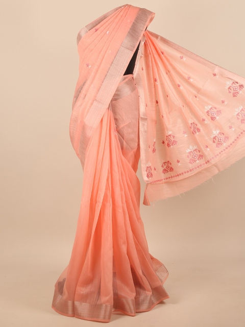 

Pothys Peach-Coloured & Gold-Toned Floral Embroidered Zari Saree
