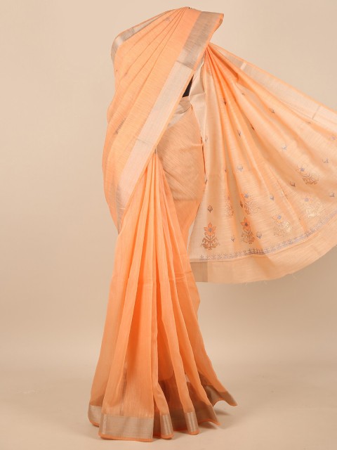 

Pothys Orange & Gold-Toned Floral Embroidered Zari Saree