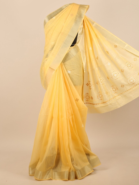 

Pothys Yellow & Gold-Toned Floral Embroidered Zari Saree