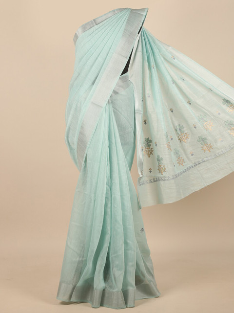 

Pothys Blue & Silver-Toned Floral Embroidered Zari Saree