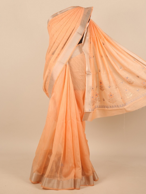 

Pothys Orange & Gold-Toned Floral Embroidered Zari Saree