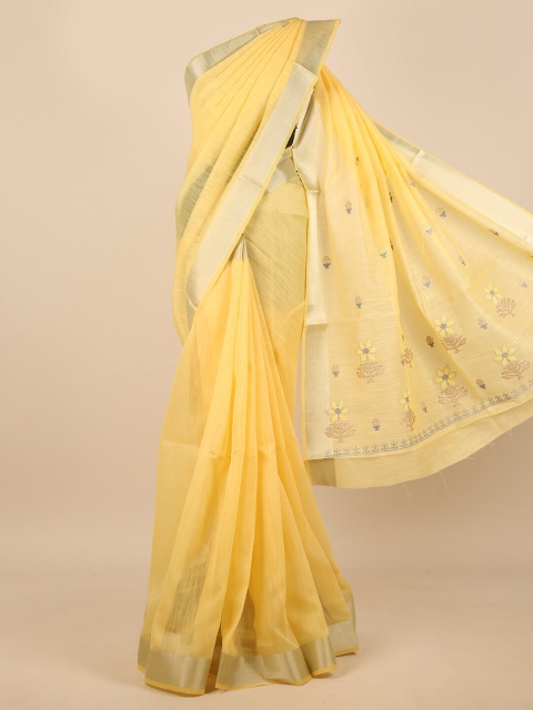 

Pothys Yellow & Gold-Toned Floral Embroidered Zari Saree