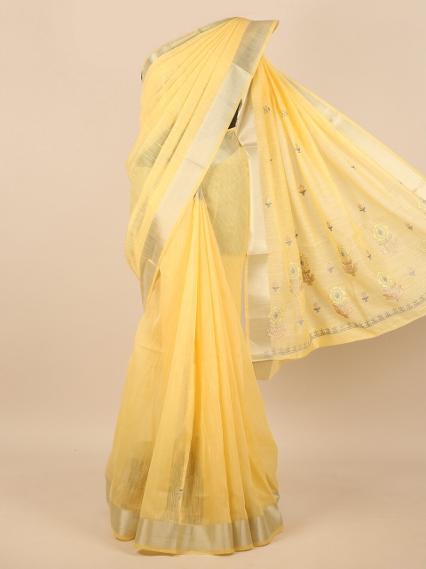 

Pothys Yellow & Gold-Toned Floral Printed Zari Saree