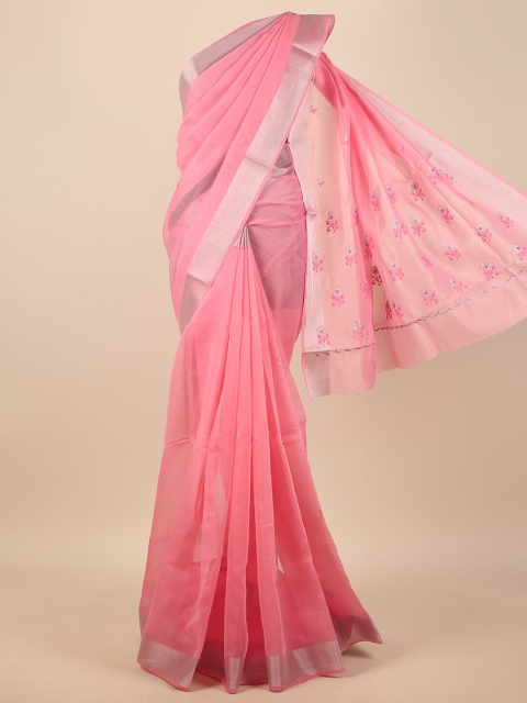 

Pothys Pink & Silver-Toned Floral Printed Zari Saree