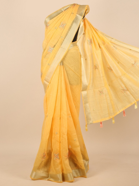 

Pothys Yellow & Gold-Toned Floral Embroidered Zari Saree