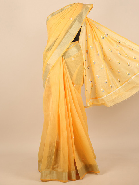 

Pothys Yellow & Gold-Toned Floral Embroidered Saree