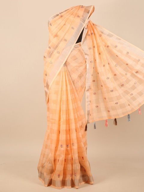 

Pothys Orange & Silver-Toned Floral Embroidered Zari Saree
