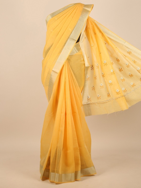 

Pothys Yellow & Gold-Toned Floral Embroidered Zari Saree