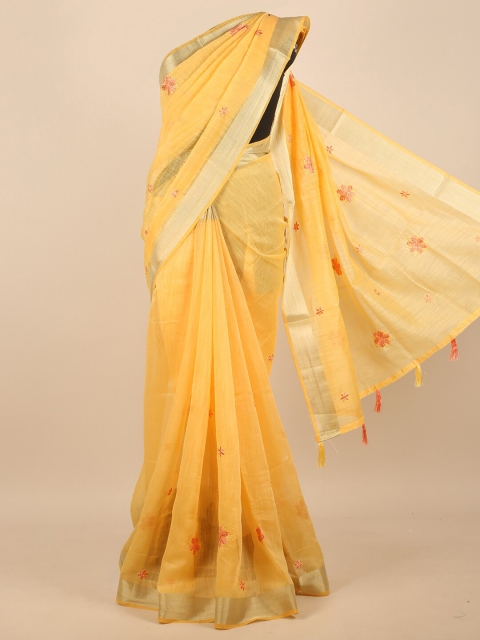 

Pothys Yellow & Gold-Toned Floral Embroidered Zari Saree