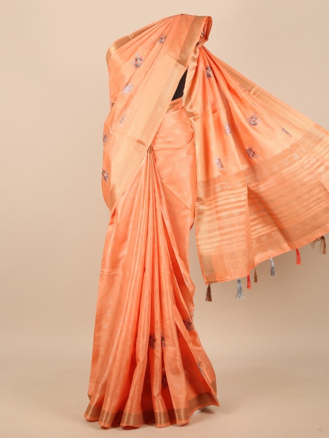 

Pothys Peach-Coloured & Gold-Toned Floral Embroidered Saree