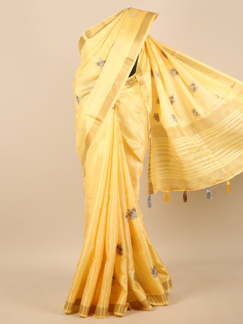 

Pothys Yellow & Gold-Toned Floral Embroidered Zari Saree