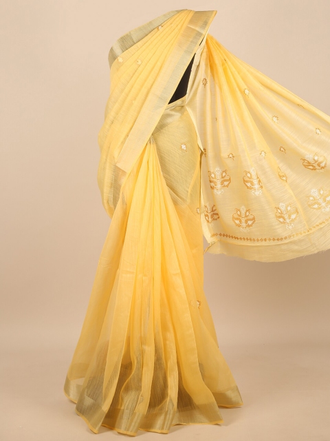 

Pothys Yellow & Gold-Toned Floral Embroidered Zari Saree