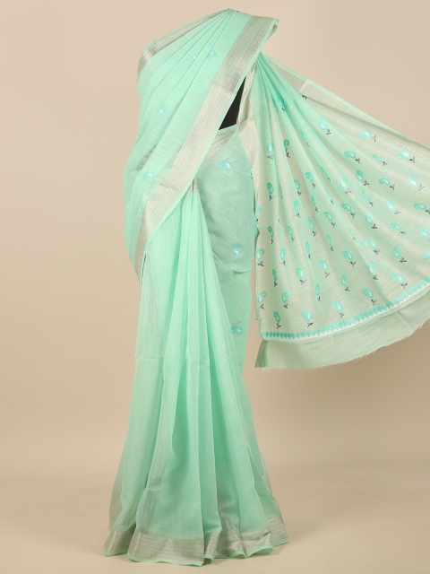 

Pothys Sea Green & Silver-Toned Floral Embroidered Saree